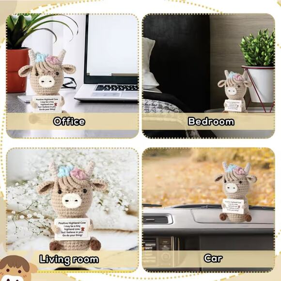 Highland Cow Plush with Flower Crown – Motivational Message Amigurumi Gift - Picture 5 of 6